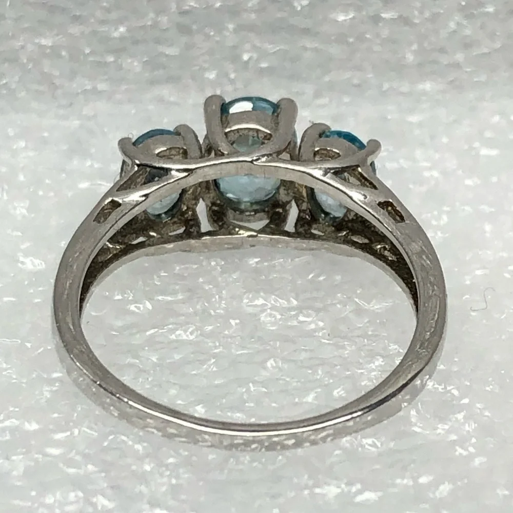 Blue Cambodian Zircon Ring Size 6 Three Stone Rhodium Over Sterling Silver